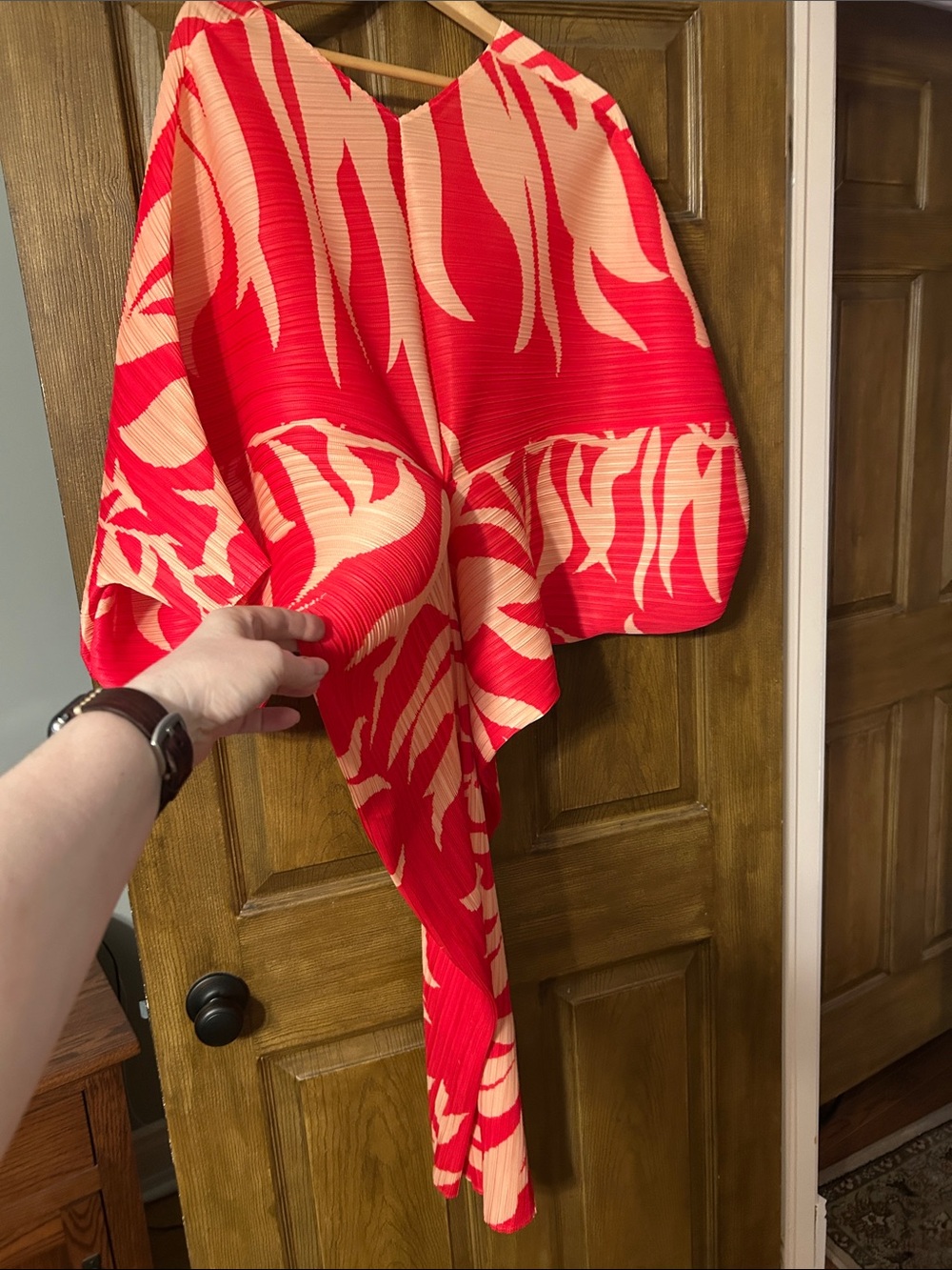 Bold Red & Cream Pleated Tunic Dress